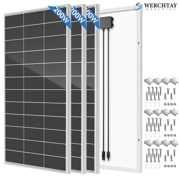 600W N-Type 18BB Monocrystalline Solar Panel, 25% High Efficiency, With 4pcs Z Bracket Mounting Set for RV Van Marine Home Rooftop Off-Grid Systems (3 PACK 200W)