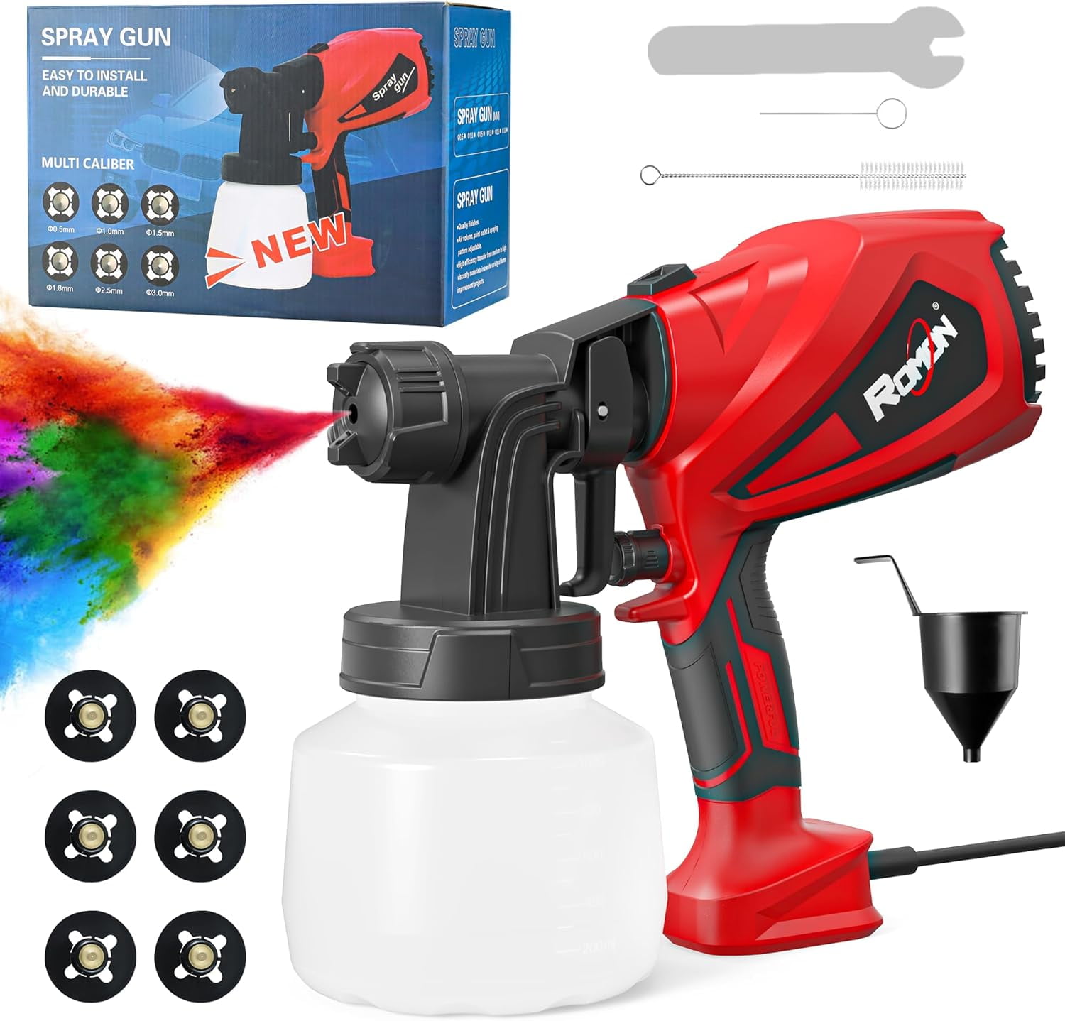 600W Paint Sprayer HVLP Spray Gun with 6 Nozzles and 3 Patterns, ROMON