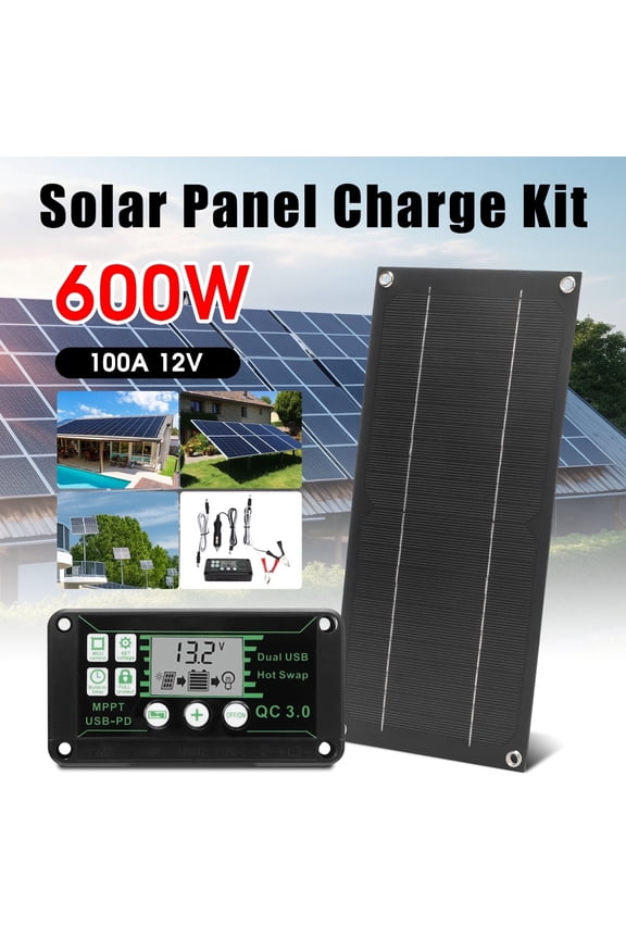 600W Solar Panel Kit, 12V 100A Solar Charge Controller Dual USB Outputs Portable Waterproof Solar Panel Set for Boat Camping Motorcycle Home Outdoor Lights RV Camera Generators, Black