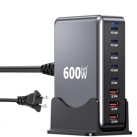 Famous Tech Shop 600W USB-C Desktop Charging Station, 8-Port Fast Charger with Dual 140W PD for Laptops and Smartphones