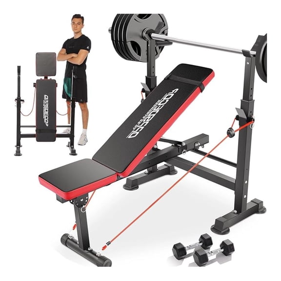 600lbs 6 in 1 Weight Set with Squat Rack Foldable Press with Removable Foot Catch Adjustable Workout for Home Gym