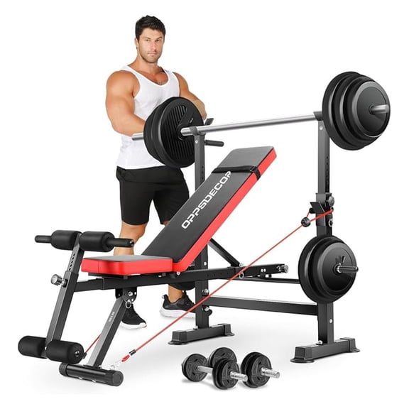 600lbs 6 in 1 Weight Set with Squat Rack Foldable Press with Removable Foot Catch Adjustable Workout for Home Gym