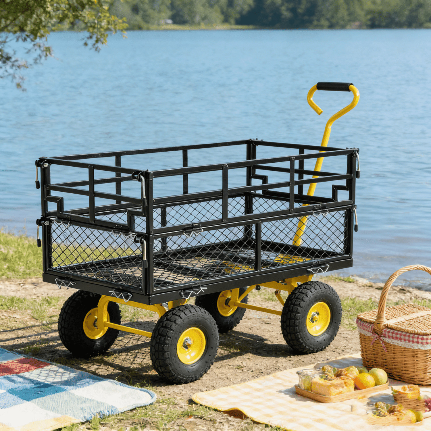 600lbs Heavy-Duty Garden Wagon Cart, Yellow & Black Utility Dump Cart with Inflatable All-Terrain Tires, Multi-Purpose Yard Cart for Firewood Debris Farming Tools Transport