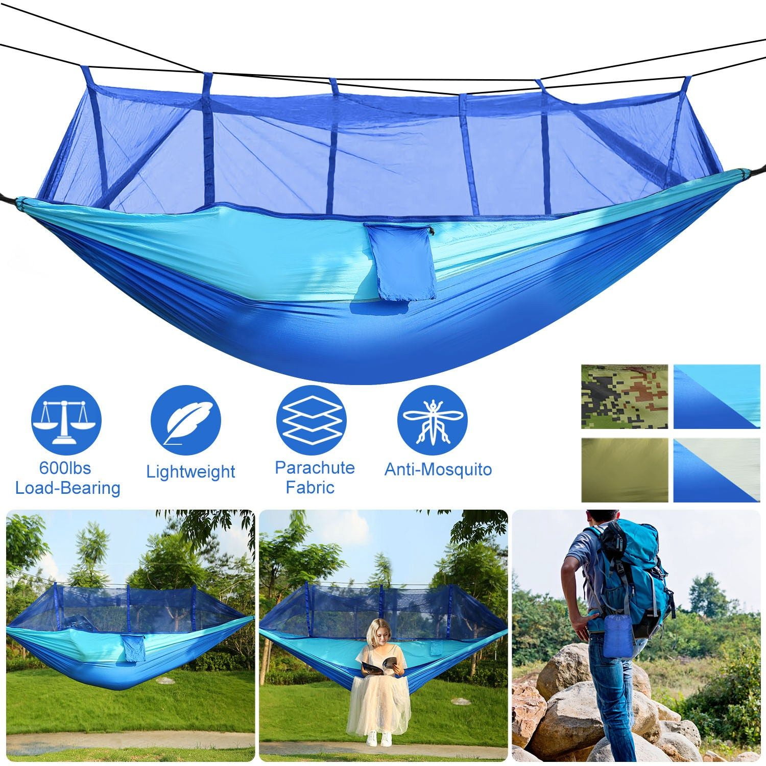 600lbs Load 2 Persons Hammock w/Mosquito Net Outdoor Hiking Camping Hommock Portable Nylon Swing Hanging Bed w/ Strap Hook Carry Bag