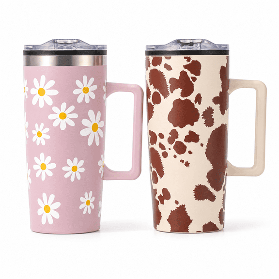 600mL Handled Travel Mug with Spill-Resistant Lid, 20 oz Portable Tumbler Cup with Comfort Grip Handle, Wide Mouth Water Bottle, Anti-Slip Bottom, Pink Daisy