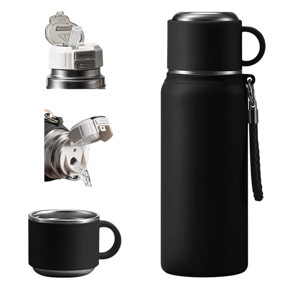 600ml 3-in-1 Double wall vacuum Leakproof stainless steel wide mouth insulated water bottle; tea tumbler with straw,cup,lid and lifting rope; travel coffee thermoses hot drinks; cold thermal flask
