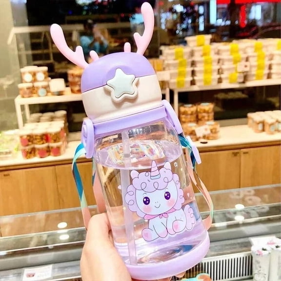 500ml Plastic Kids Children Cute Cartoon Strap Water Bottle with Straw (Purple)