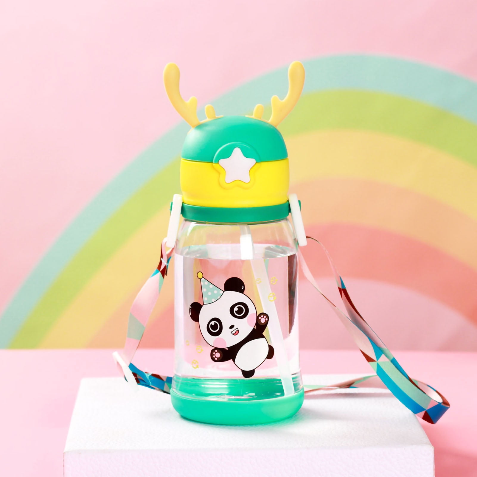 Kids Cartoon Water Bottle with Strap “Let’s Party” Design, BPA Free & Flip Lock main image 1