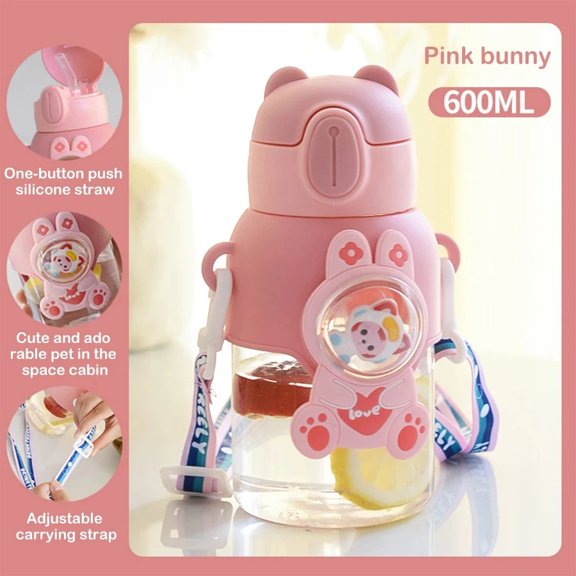 600ml Cartoon Water Sippy Cup Leakproof Portable Water Bottle with Straw and Handle Drinking Bottle Cup for School Student
