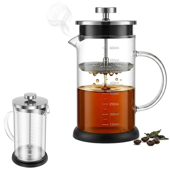 Fkszll French Press,21oz Glass French Press Coffee Maker, Stainless Steel Brewer, Heat-Resistant Cafetiere & Tea Maker, Thickened Glass Coffee Press for Travel and Camping, Black