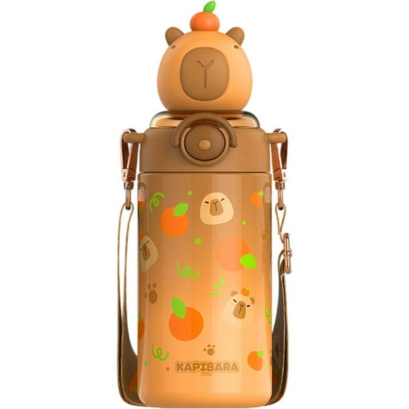 600ml Girls Capybara Bottle Cute Thermal Water Bottle with Shoulder Strap Portable Capybara Drinking Bottle with Straw