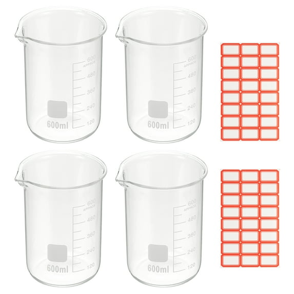 600ml Glass Beaker, 4 Pack Measuring Glass Beaker Graduated Borosilicate Lab Cups Mug Low Form Heat Safe Transparent with Spout Label for Laboratory Science Kitchen Liquids