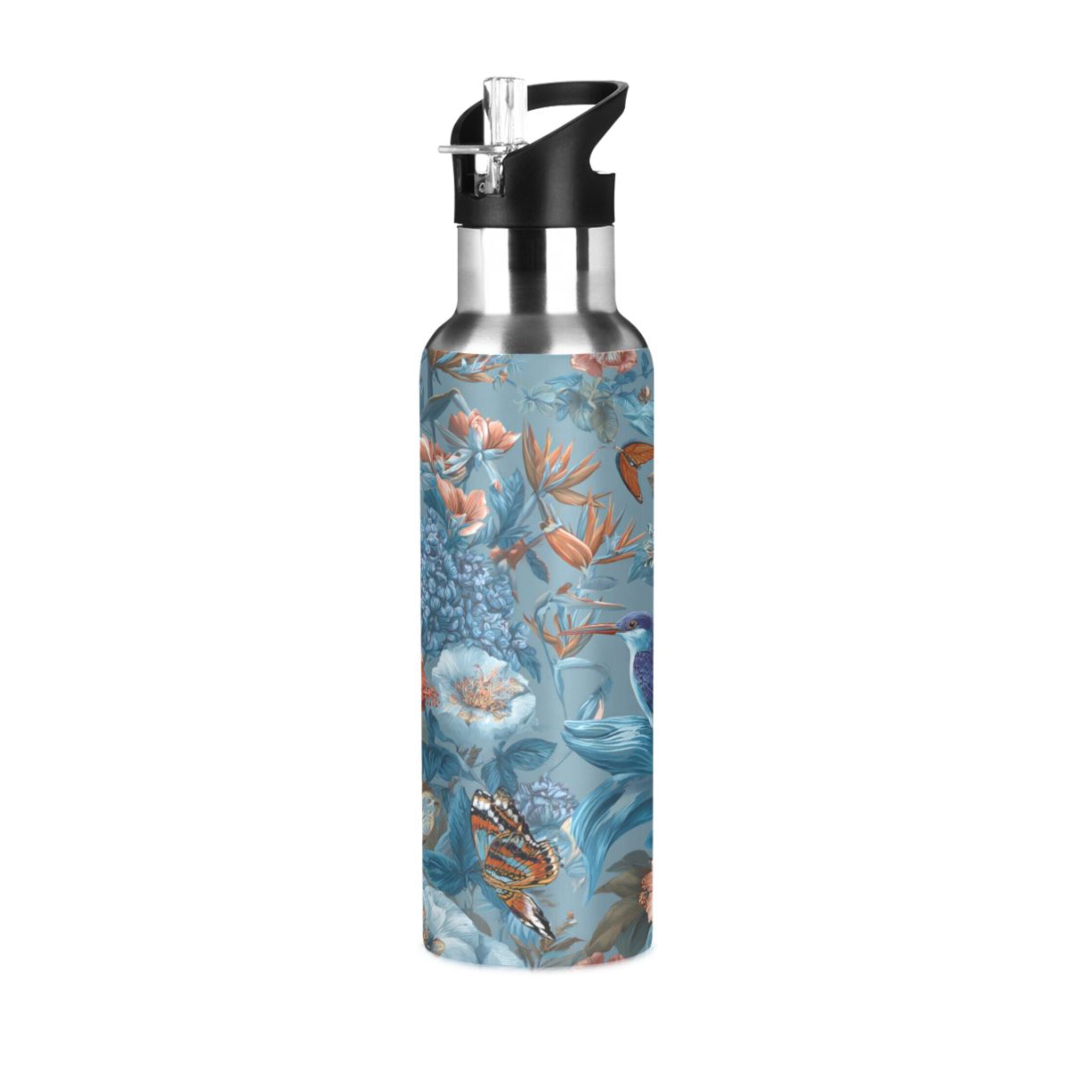 600ml Vacuum Insulated Sports Water Bottle with Foldable Straw Stainless Steel Portable Thermos Cup Birds and Flowers