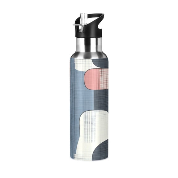 600ml Vacuum Insulated Sports Water Bottle with Foldable Straw Stainless Steel Portable Thermos Cup Blue and Pink Large Shapes