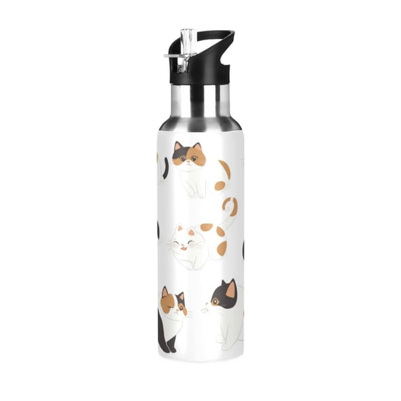 600ml Vacuum Insulated Sports Water Bottle with Foldable Straw Stainless Steel Portable Thermos Cup Chubby Cats