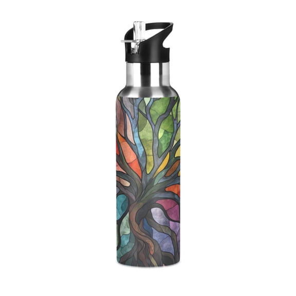 600ml Vacuum Insulated Sports Water Bottle with Foldable Straw Stainless Steel Portable Thermos Cup Colorful Tree Branches