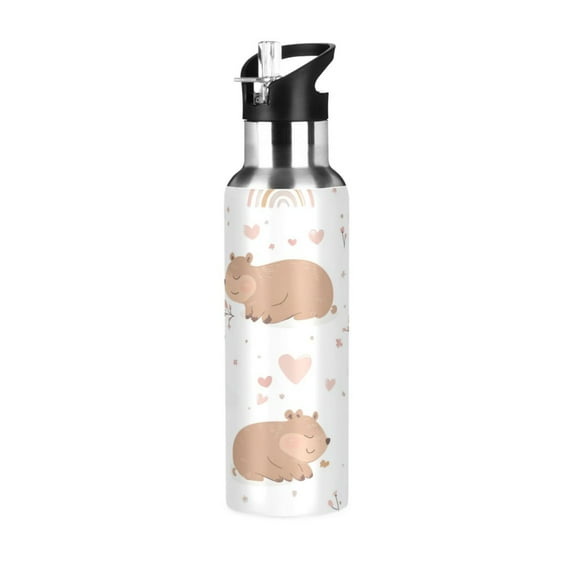 600ml Vacuum Insulated Sports Water Bottle with Foldable Straw Stainless Steel Portable Thermos Cup Cute Capybara Pattern
