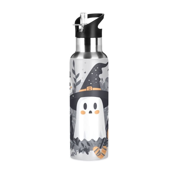 600ml Vacuum Insulated Sports Water Bottle with Foldable Straw Stainless Steel Portable Thermos Cup Cute Cartoon Witch and Ghost Character