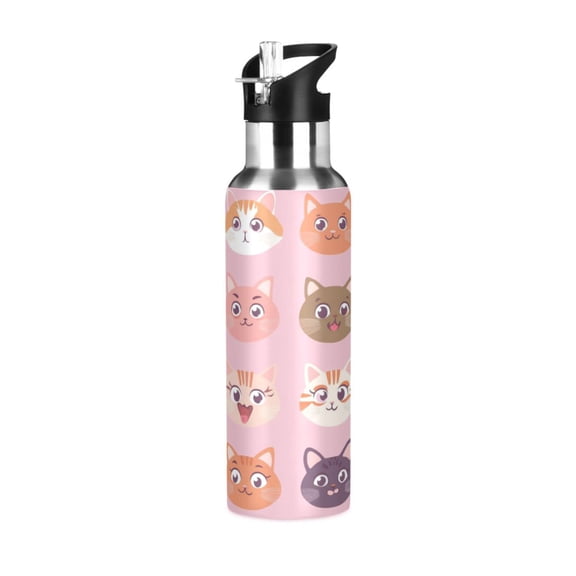 600ml Vacuum Insulated Sports Water Bottle with Foldable Straw Stainless Steel Portable Thermos Cup Cute Cat Face Pattern