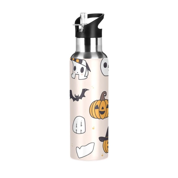 600ml Vacuum Insulated Sports Water Bottle with Foldable Straw Stainless Steel Portable Thermos Cup Cute Halloween Icons Pattern