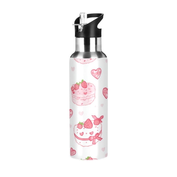 600ml Vacuum Insulated Sports Water Bottle with Foldable Straw Stainless Steel Portable Thermos Cup Cute Pink Cake Pattern