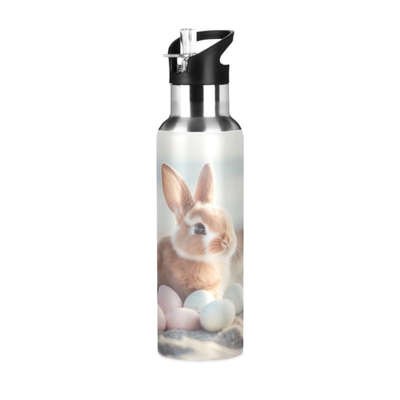 600ml Vacuum Insulated Sports Water Bottle with Foldable Straw Stainless Steel Portable Thermos Cup Easter Bunny with Eggs