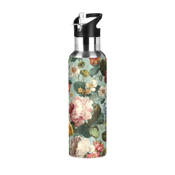 600ml Vacuum Insulated Sports Water Bottle with Foldable Straw Stainless Steel Portable Thermos Cup Floral Pattern with Roses