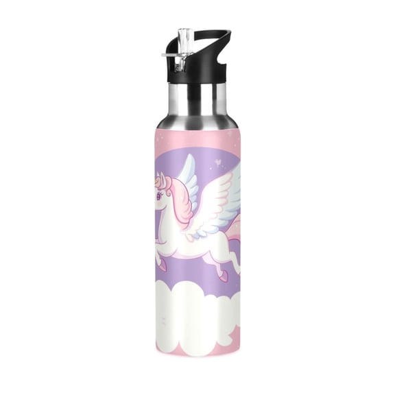 600ml Vacuum Insulated Sports Water Bottle with Foldable Straw Stainless Steel Portable Thermos Cup Flying Unicorn with Wings