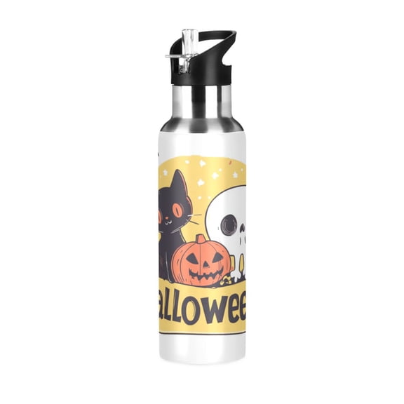600ml Vacuum Insulated Sports Water Bottle with Foldable Straw Stainless Steel Portable Thermos Cup Halloween-themed Logo