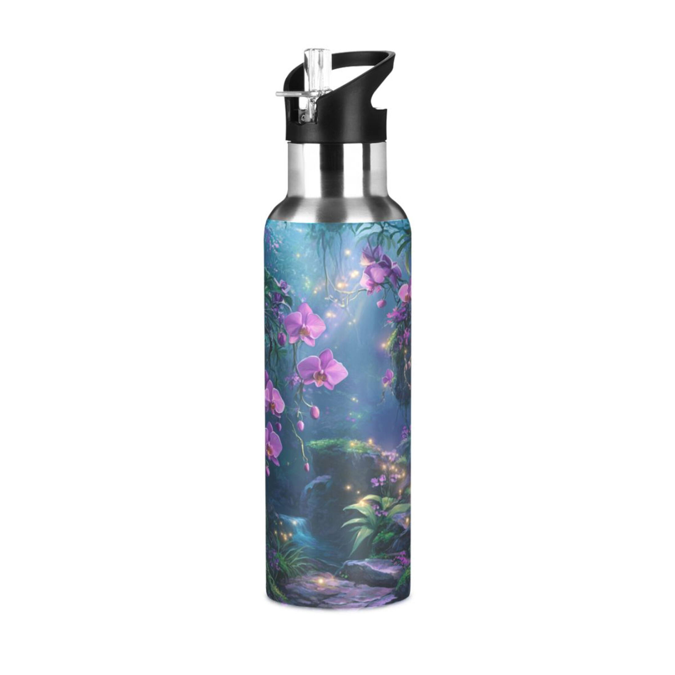 600ml Vacuum Insulated Sports Water Bottle with Foldable Straw Stainless Steel Portable Thermos Cup Orchid Forest Scene