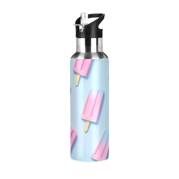600ml Vacuum Insulated Sports Water Bottle with Foldable Straw Stainless Steel Portable Thermos Cup Pink Popsicle Pattern