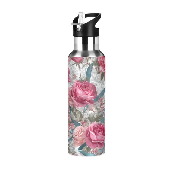 600ml Vacuum Insulated Sports Water Bottle with Foldable Straw Stainless Steel Portable Thermos Cup Roses and Ribbons