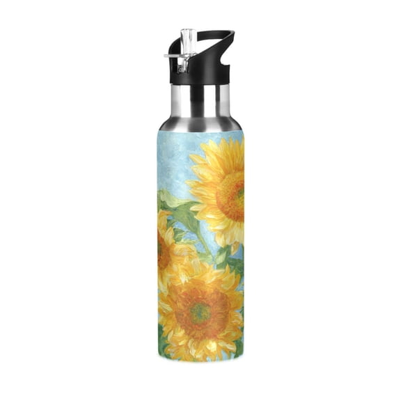 600ml Vacuum Insulated Sports Water Bottle with Foldable Straw Stainless Steel Portable Thermos Cup Sunflower Oil Painting