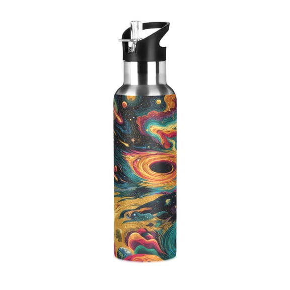 600ml Vacuum Insulated Sports Water Bottle with Foldable Straw Stainless Steel Portable Thermos Cup Swirling Galaxy