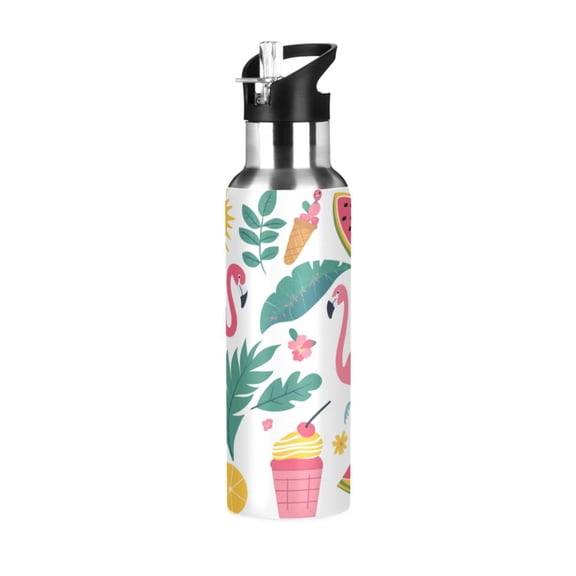600ml Vacuum Insulated Sports Water Bottle with Foldable Straw Stainless Steel Portable Thermos Cup Tropical Elements Icon