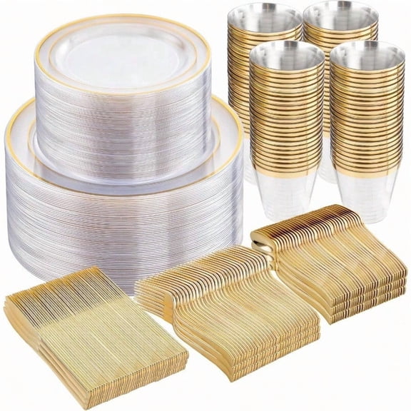 600pc Gold Trim Plastic Dinnerware Set for Party: 100 Dinner Plates 100 Dert Plates 300 Cutlery 100 cups