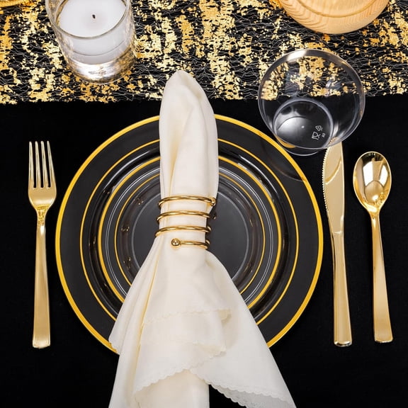 600pc Gold Trim Plastic Dinnerware Set for Party: 100 Dinner Plates, 100 Dessert Plates, 300 Cutlery, 100 cups