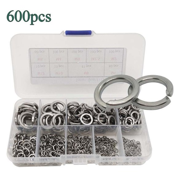 600pcs 304 Stainless Steel M2-M12 Spring Washers, Open Split Lock Washers for Anti-Loosening Bolt Connections in Machinery and Hardware