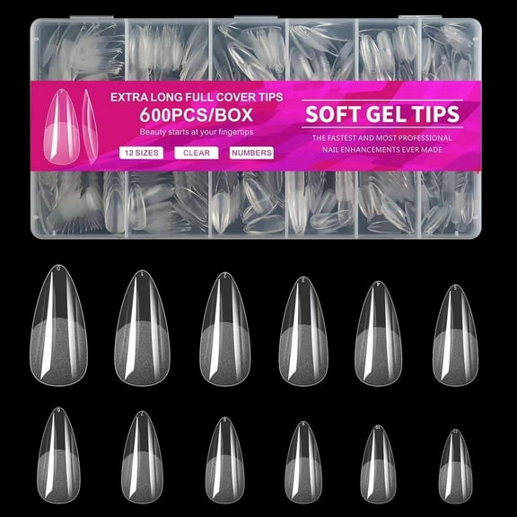 BAKER DEPOT Acrylic Nail Tips, Medium Almond Clear Fake Nails, Full Cover for Extension Manicure, 600pcs