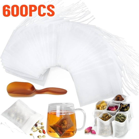 600pcs Disposable Tea-Bags for Loose Leaf Tea +Tea Spoon , Biodegradable Tea Filter Bags with Drawstring, Corn Fiber Empty Tea Bags for Loose Leaf Tea