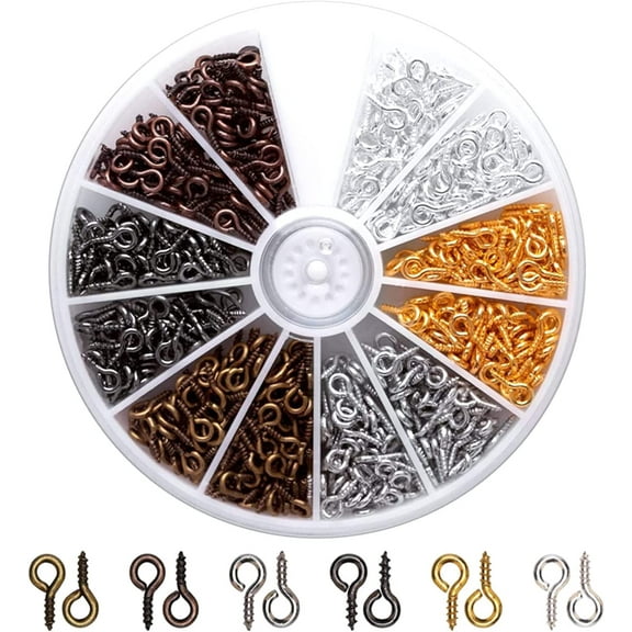 600pcs Mini Eye Hooks 4x8mm Small Screw with Box Color a Screw Eye Bails Eyelets Screw Hook Eyelet for DIY Craft Jewelry Making Resin Beads