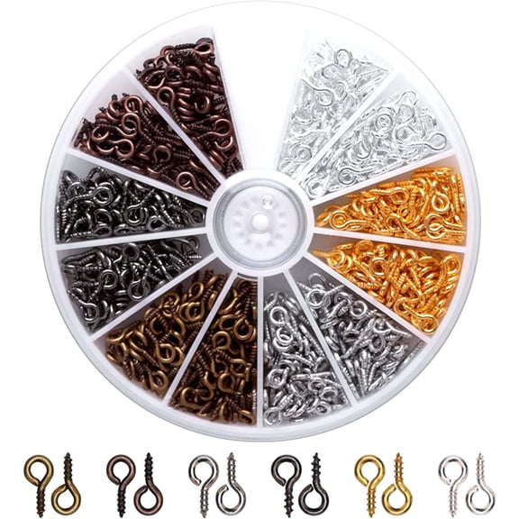 600pcs Mini Eye Hooks 5x10mm Small Screw with Box Color a Screw Eye Bails Eyelets Screw Hook Eyelet for DIY Craft Jewelry Making Resin Beads