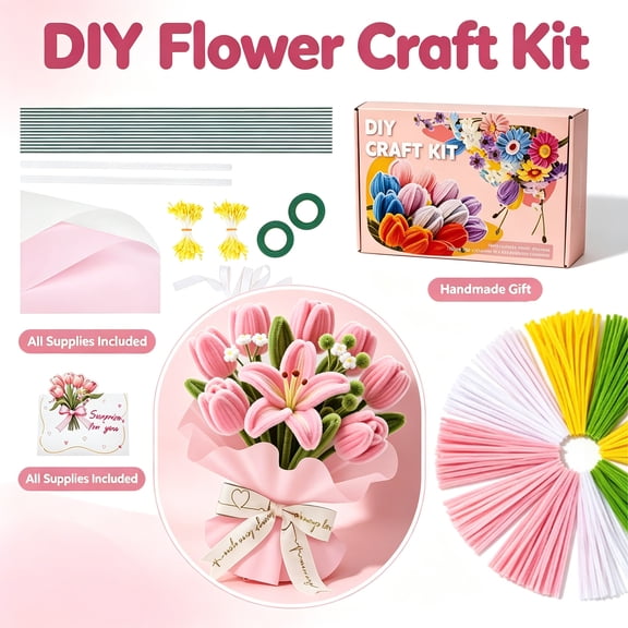 600Pcs 6 Colors Pipe Cleaner Flower Bouquet Craft Kit, DIY Tulip Lily Flower Making Supplies with Floral Wire, Floral Tape, Stamens, Wrapping Paper & Ribbon, Handmade Gift for Mother’s Day Teacher Ap