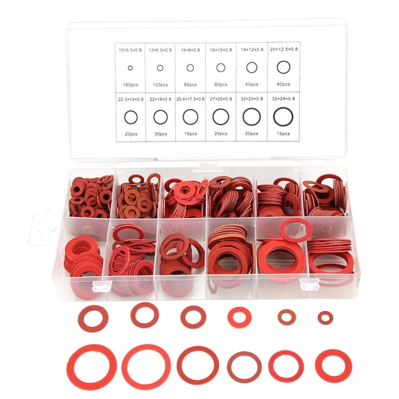 600pcs Red Steel Paper Fiber Flat Washers Kit - 12 Sizes Insulation Assorted Set with Organizer Box