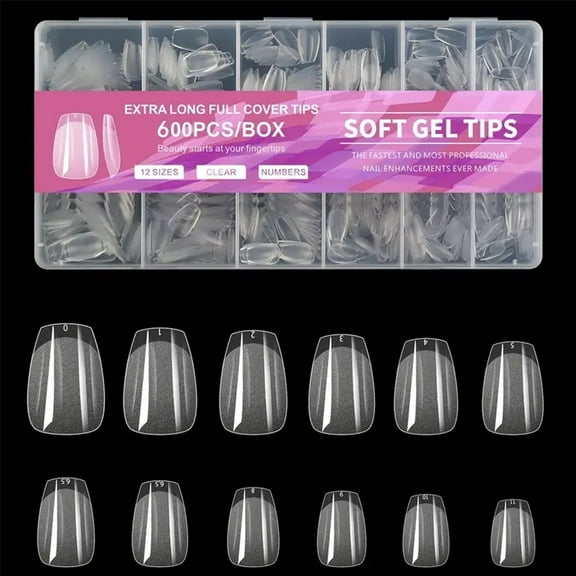 BAKER DEPOT Short Coffin Nail Tips, Soft Gel X Clear Fake Nails, Full Cover Acrylic Tips, 600pcs