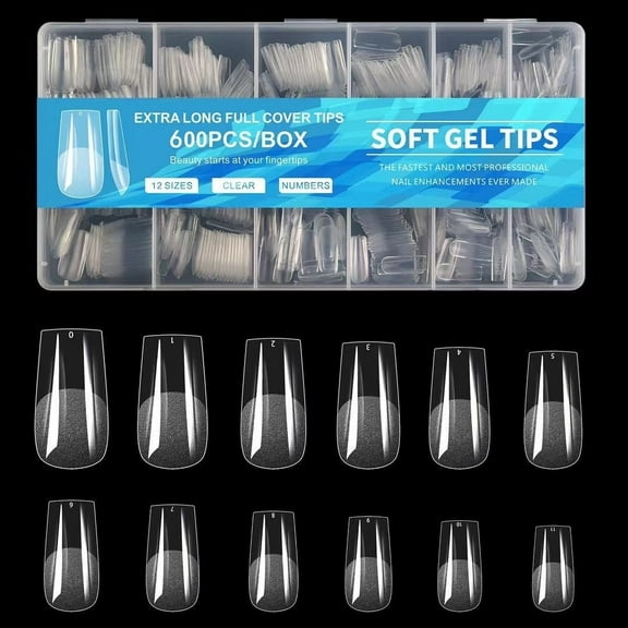 BAKER DEPOT Medium Square Nail Tips, 600pcs Clear Full Cover Acrylic Gel False Nails for Salon Home DIY