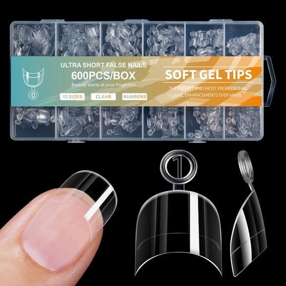 600 Pcs/Set Soft Gels Tips Short Half Cover Tips Clear Nails Tips False Nails Tips for Nails Salons