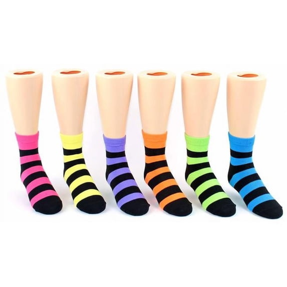 6013DC-STRIPE Kids Novelty Crew Socks - Neon & Black Stripes - Size 4-6 - Pack of 24