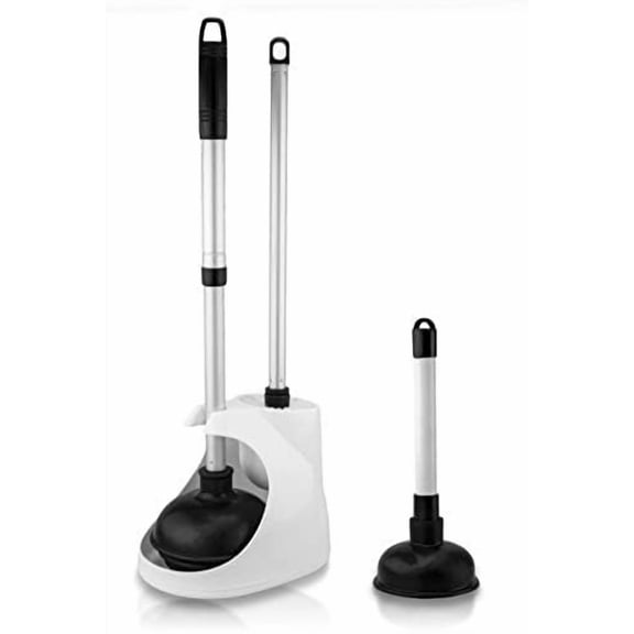 60168A Toilet Plunger Set, 4 Piece, Bonus Mini Sink & Drain Plunger, Toilet Bowl Brush & Caddy, Patented All-Angle Design, Telescopic Aluminum Handle, Bathroom Toilet Brush and Plunger Set