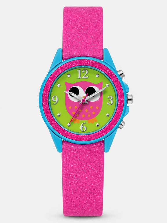 Flashing Owl Watch with Green Enamel Dial Glitter Plastic Strap 60197WM